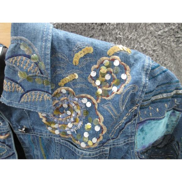 Chico's Design Embroidered Embellished Size 2 (Large) Boho Denim Jacket - Picture 4 of 16